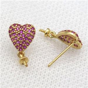 copper Studs Earring paved zircon, heart, gold plated, approx 9mm