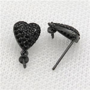copper Studs Earring paved zircon, heart, black plated, approx 9mm