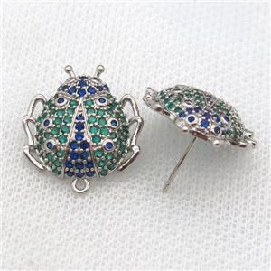 copper Studs Earring paved zircon, beetle, platinum plated, approx 20mm