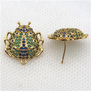 copper Studs Earring paved zircon, beetle, gold plated, approx 20mm