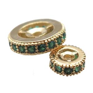 copper spacer beads paved green zircon, heishi, gold plated, approx 8mm dia