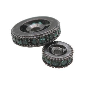 copper spacer beads paved green zircon, heishi, black plated, approx 10mm dia