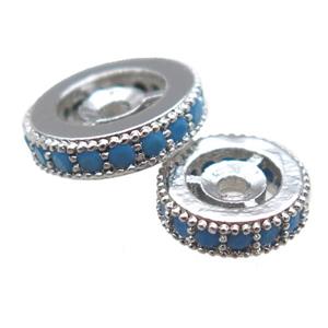 copper spacer beads paved zircon, heishi, truq, platinum plated, approx 8mm dia