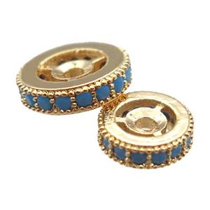 copper spacer beads paved zircon, heishi, gold plated, approx 10mm dia