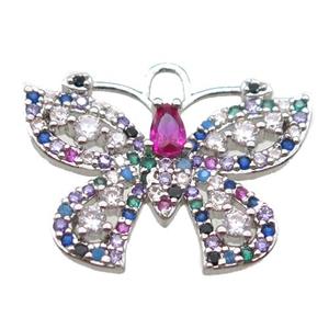 copper butterfly pendant paved zircon, platinum plated, approx 20-24mm