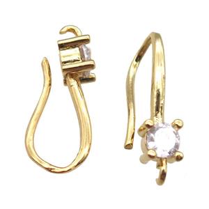 copper Hook Earrings paved zircon, gold plated, approx 8-19mm