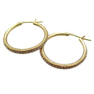 copper Hoop Earrings paved zircon, gold plated, approx 28mm dia