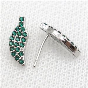 copper studs Earrings paved green zircon, platinum plated, approx 6-15mm