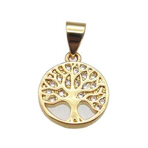 copper pendant paved zircon, tree of life, gold plated, approx 11.5mm