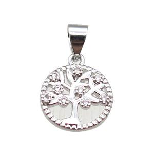 copper pendant paved zircon, tree of life, platinum plated, approx 11.5mm