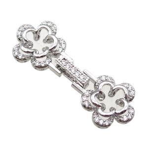 copper connector clasp paved zircon, flower, platinum plated, approx 15-38mm