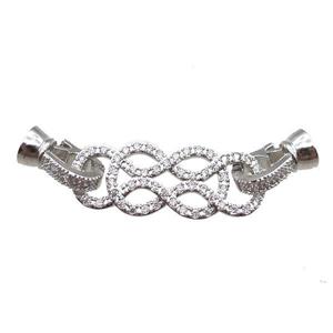 copper connector clasp paved zircon, knot, platinum plated, approx 11-45mm
