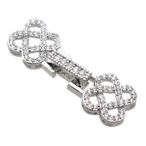 copper connector clasp paved zircon, knot, platinum plated, approx 10-30mm
