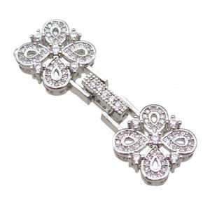 copper connector clasp paved zircon, clover, platinum plated, approx 12-40mm