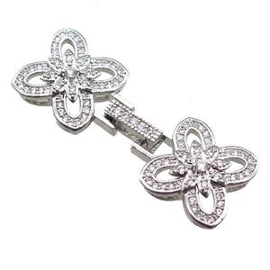 copper connector clasp paved zircon, clover, platinum plated, approx 15-43mm