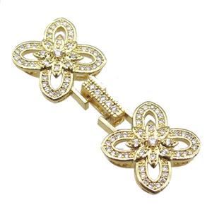 copper connector clasp paved zircon, clover, gold plated, approx 15-43mm