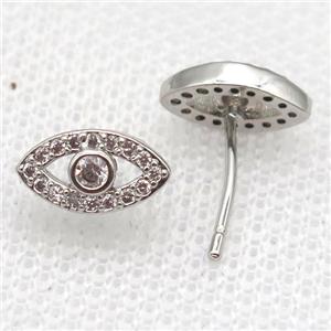 copper Stud Earrings paved zircon, eye, platinum plated, approx 6-10mm