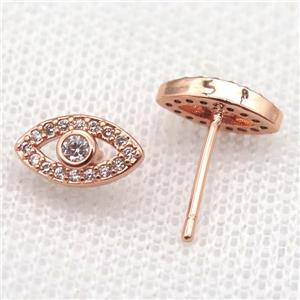 copper Stud Earrings paved zircon, eye, rose gold, approx 6-10mm