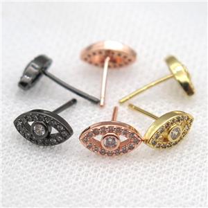 copper Stud Earrings paved zircon, eye, mixed color, approx 6-10mm