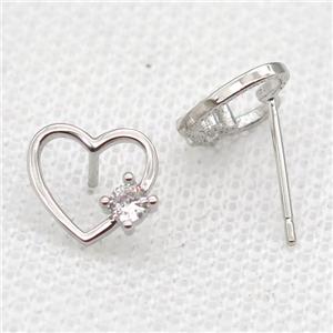 copper Stud Earrings paved zircon, heart, platinum plated, approx 10mm