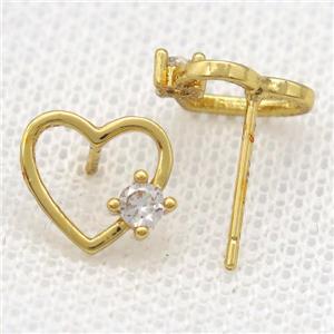 copper Stud Earrings paved zircon, heart, gold plated, approx 10mm