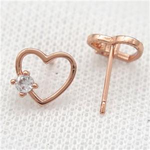 copper Stud Earrings paved zircon, heart, rose gold, approx 10mm