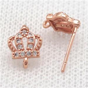copper Stud Earrings paved zircon, crown, rose gold, approx 8mm