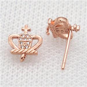 copper Stud Earrings paved zircon, crown, rose gold, approx 8mm