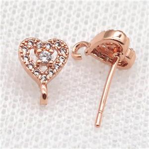 copper Stud Earrings paved zircon, heart, rose gold, approx 7mm