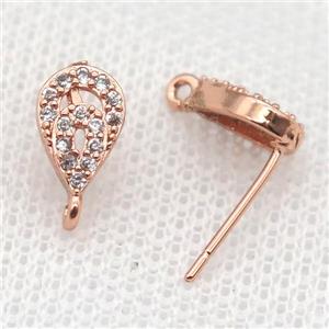 copper Stud Earrings paved zircon, teardrop, rose gold, approx 6-10mm