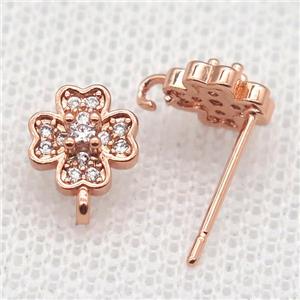 copper Stud Earrings paved zircon, clover, rose gold, approx 8mm