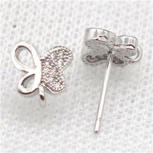 copper Stud Earrings paved zircon, butterfly, platinum plated, approx 8mm
