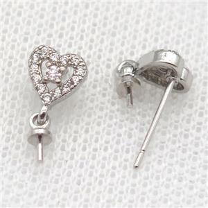 copper Stud Earrings paved zircon, heart, platinum plated, approx 7mm