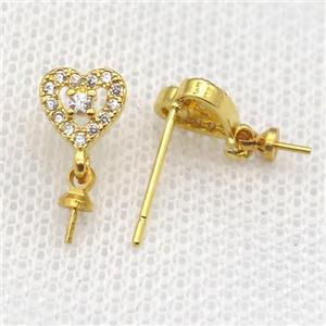 copper Stud Earrings paved zircon, heart, gold plated, approx 7mm