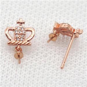 copper Stud Earrings paved zircon, crown, rose gold, approx 9mm