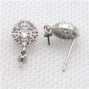 copper Stud Earrings paved zircon, circle, platinum plated, approx 8mm