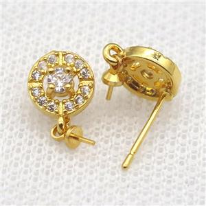 copper Stud Earrings paved zircon, circle, gold plated, approx 8mm