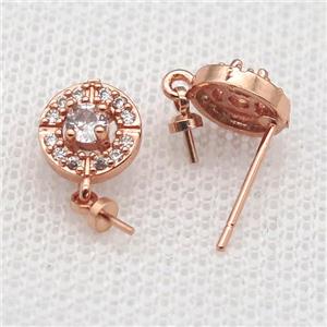 copper Stud Earrings paved zircon, circle, rose gold, approx 8mm