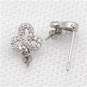 copper Stud Earrings paved zircon, clover, platinum plated, approx 9mm