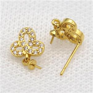 copper Stud Earrings paved zircon, clover, gold plated, approx 9mm