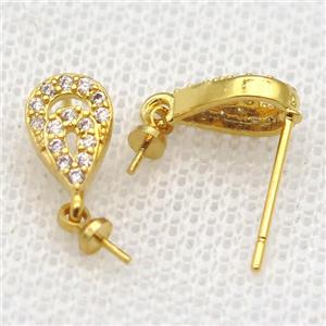 copper Stud Earrings paved zircon, teardrop, gold plated, approx 6-10mm