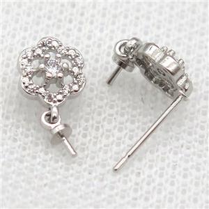 copper Stud Earrings paved zircon, flower, platinium plated, approx 8mm