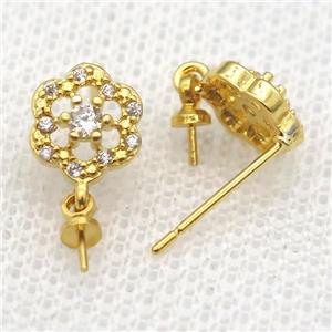 copper Stud Earrings paved zircon, flower, gold plated, approx 8mm