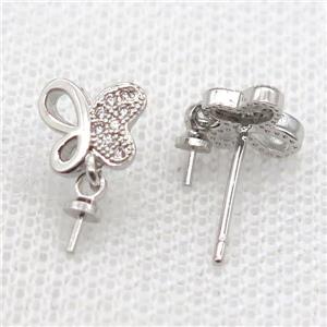 copper Stud Earrings paved zircon, butterfly, platinum plated, approx 8mm
