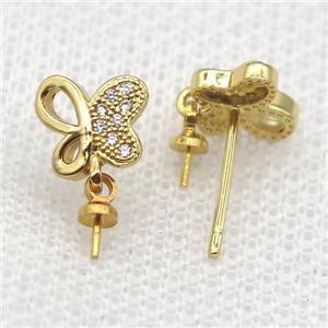 copper Stud Earrings paved zircon, butterfly, gold plated, approx 8mm