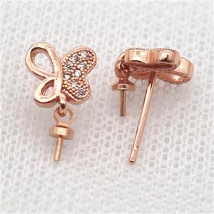 copper Stud Earrings paved zircon, butterfly, rose gold, approx 8mm