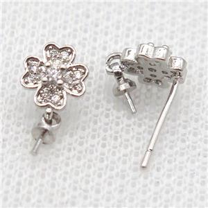 copper Stud Earrings paved zircon, clover, platinum plated, approx 8mm