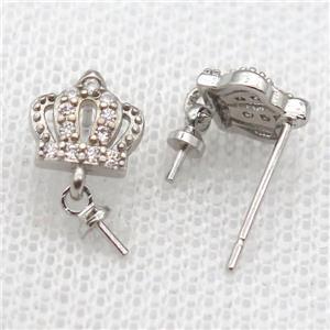 copper Stud Earrings paved zircon, crown, platinum plated, approx 9mm