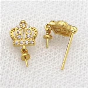 copper Stud Earrings paved zircon, crown, gold plated, approx 9mm