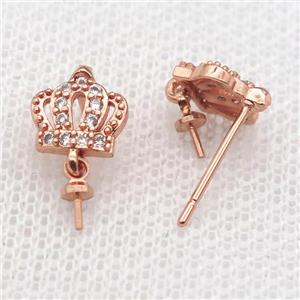 copper Stud Earrings paved zircon, crown, rose gold, approx 9mm
